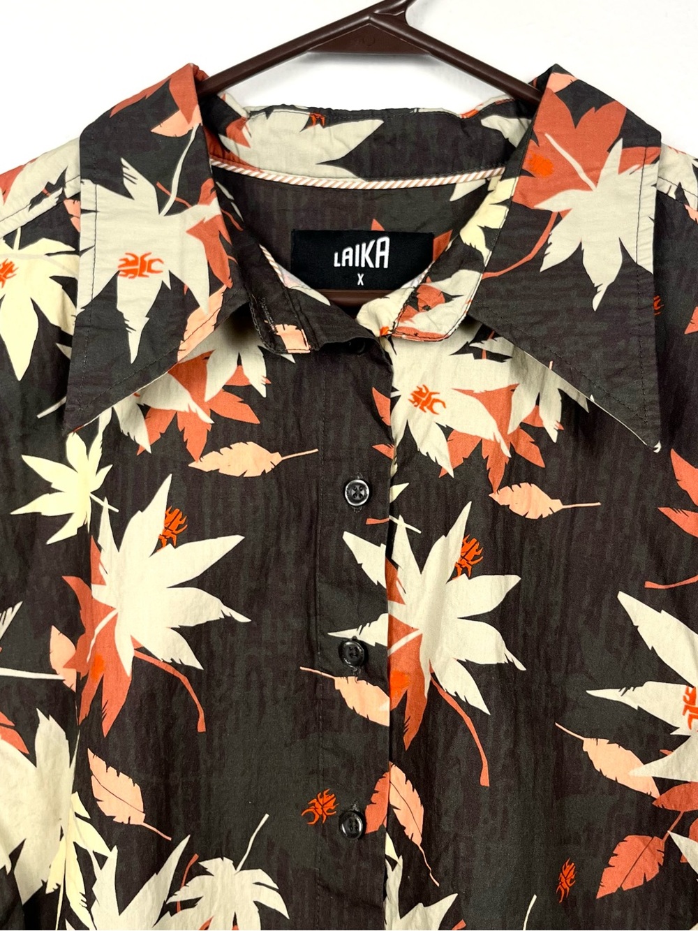 WILDFANG x Laika 1X Brown Orange Leaf Short Sleeve Crop Buttondown Shirt Top